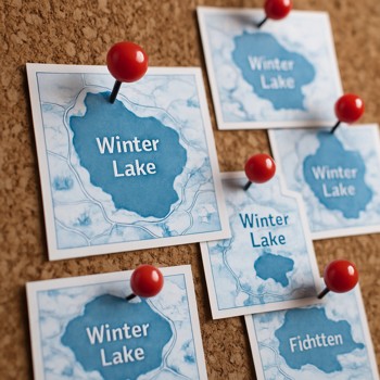 Map pins marking several winter lakes on a cork board