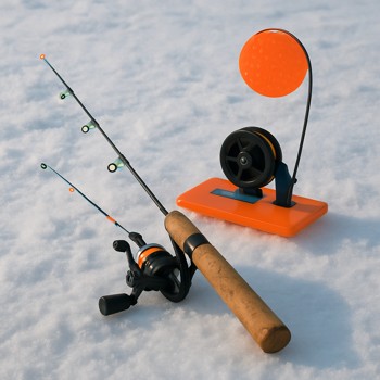 Medium ice rod resting next to a compact tip-up on the snow
