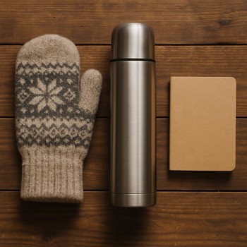 Wool mittens, metal thermos and a small notebook laid out on a wooden table