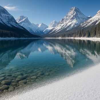 High mountain lake with a clear frost line and distant peaks