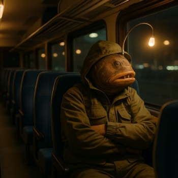 Interior of a night bus with an angler resting by the window