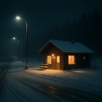Snowy highway rest stop at night with warm light from a small building