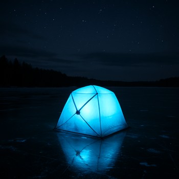 Small ice tent glowing with LED light on a dark frozen lake