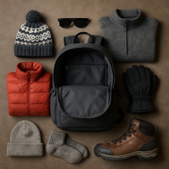 Open backpack on the floor with winter gear neatly arranged around it