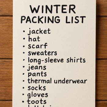Winter packing list handwritten on a page laid out on the floor