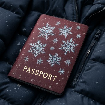 Passport cover with snowflakes lying on a winter jacket