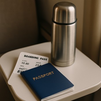 Passport, ticket and thermos placed together on a small table