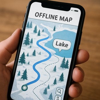 Phone showing an offline map of a winter route to a lake