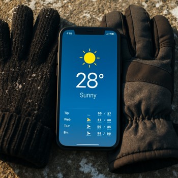 Phone with a weather app resting between winter gloves