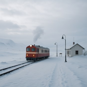 Small winter train at a remote plateau station surrounded by snow