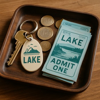 Tray with keys, coins and folded tickets after returning from a lake