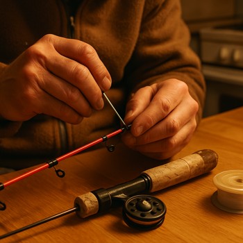 Angler repairing an ice rod on a kitchen table in warm light