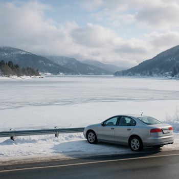 Roadside stop with a snowy bay and parked car near a frozen lake