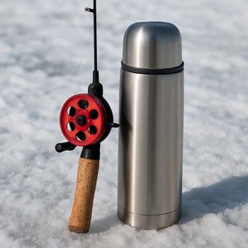 Ice rod and metal thermos leaning together on packed snow
