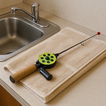 Ice rod and reel drying on a towel next to a small sink