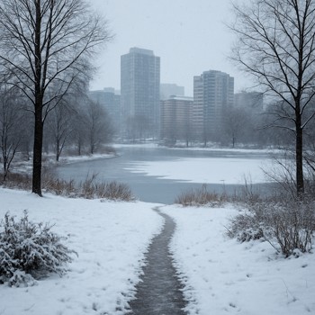 Short walking path from a city park toward a small frozen lake