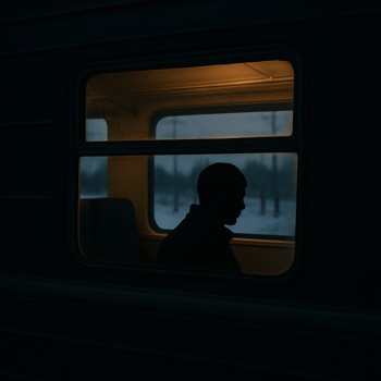 Silhouette of a passenger in a train window during a winter evening