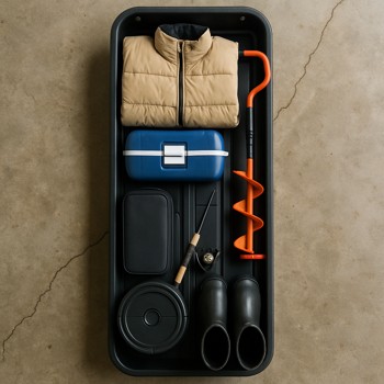 Top view of a narrow sled packed with winter fishing gear on a garage floor