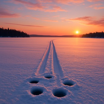 Sled trail running from drilled holes back toward a distant shoreline