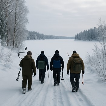 Small group of anglers walking along a snow track toward a frozen lake