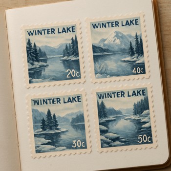 Small stamp collection marking different winter lakes in a notebook