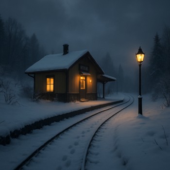 Small winter station with snow tracks leading to the platform