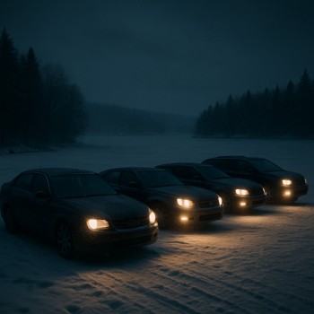 Line of car headlights on a snowy parking area near a frozen lake