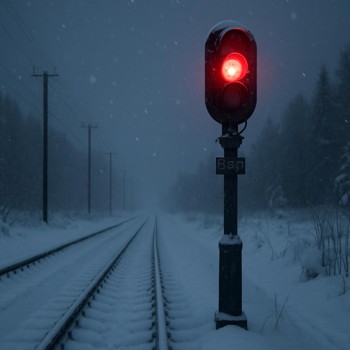 Snowy railway signal glowing red in a winter landscape