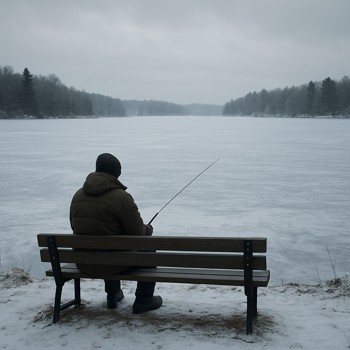 Solo angler sitting on a bench and looking across a frozen lake