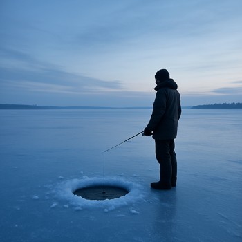 Solo angler standing by an ice hole on a quiet blue morning