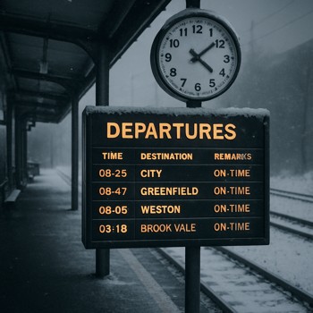 Winter departure board and clock above a small station platform