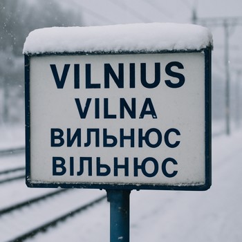 Snowy station sign showing place names in several languages