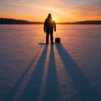 Long shadow of an angler stretching across a bright frozen lake