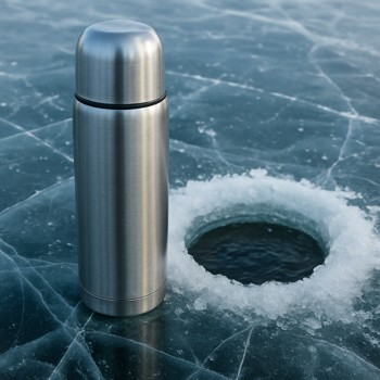 Thermos standing on clear ice next to an ice hole