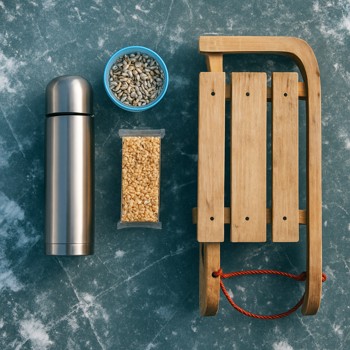 Thermos, snacks and a short sled ready for a day on the frozen lake