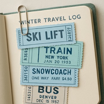 Ticket stubs clipped into a winter travel log with a paperclip
