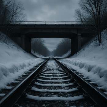 Winter train tracks under a bridge with snow piled on the edges