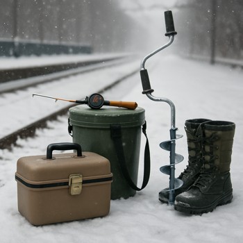 Small train case and winter fishing gear waiting on a snowy platform