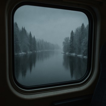 Snowy lake and trees seen through a train window in winter