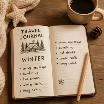 Travel journal open on a table with winter notes and a pencil