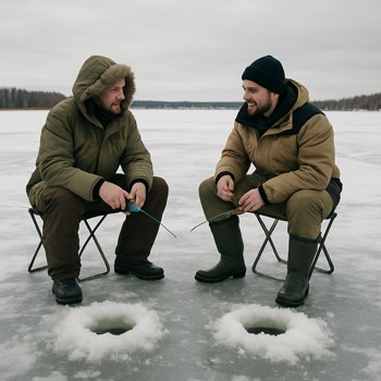 Two anglers chatting near drilled holes while watching their lines