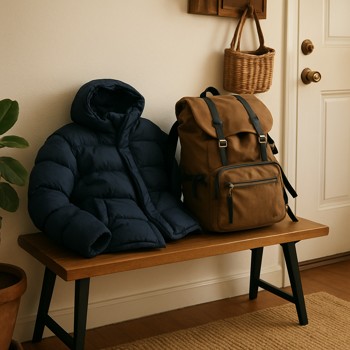 Backpack and winter jacket unpacked on a hallway bench after a trip