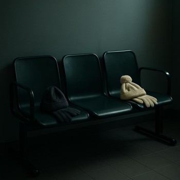 Waiting room bench with winter hats and gloves resting on it