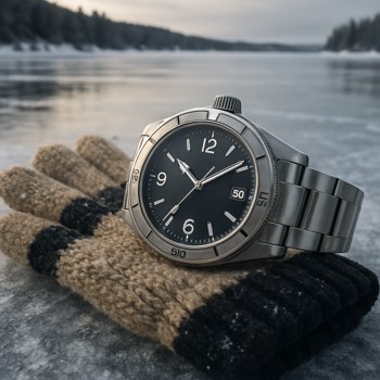 Watch resting on a winter glove with a frozen lake in the background