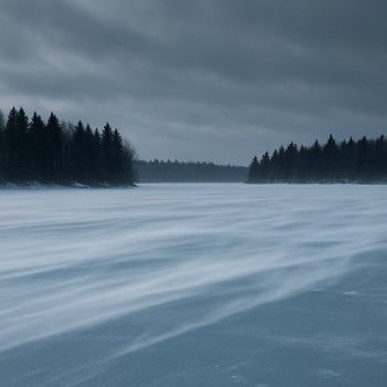 Wind pushing snow across a frozen lake with dark trees in the background