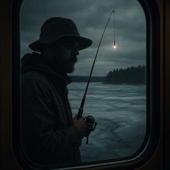 Reflection of an angler in a train window with a frozen lake outside