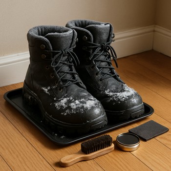 Winter boots drying near a small repair kit and brush