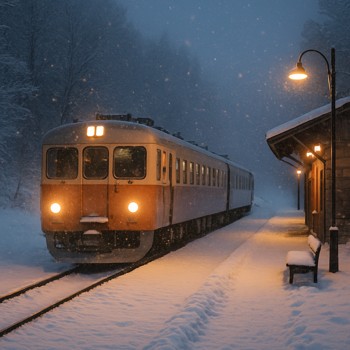 Winter train arriving at a small snowy platform